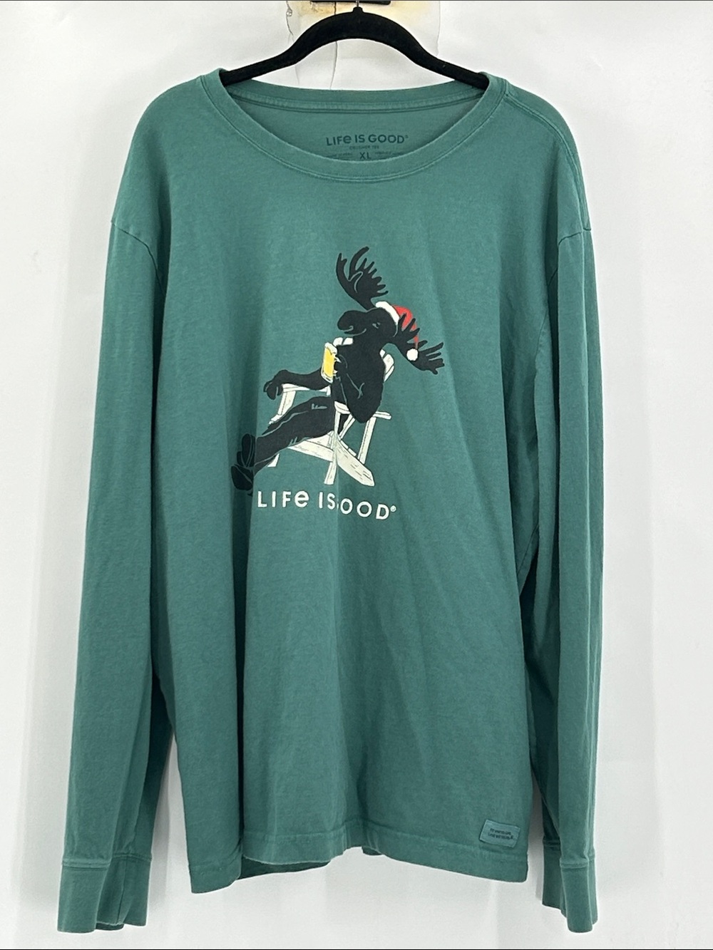 Mens Life is Good Long Sleeve Crusher Tee Moose Beer Green Size XL